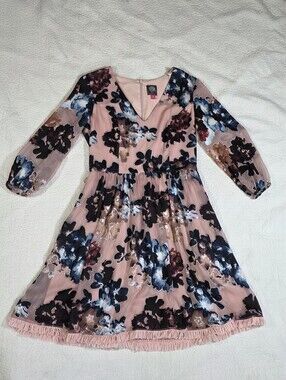 Vince Camuto Pink Floral Burnout Fit and Flare Dress With Added Ruffle Hem